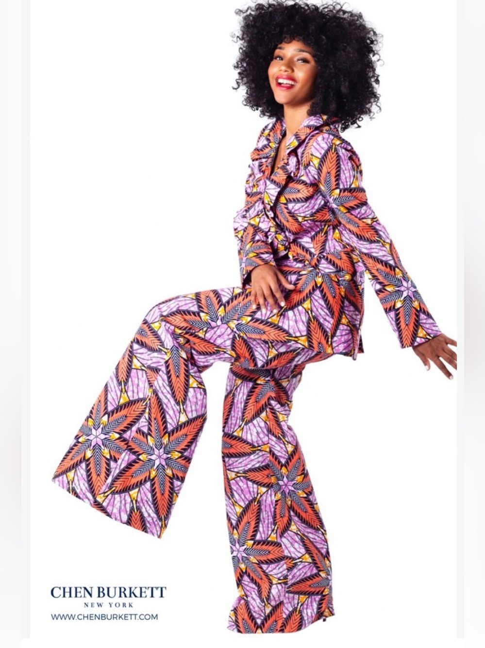Chet Burkett Floral Print Red and Pink Ruffle Jacket and Wide-Leg Suit Set Small